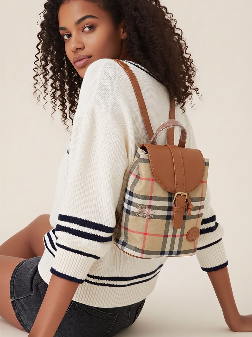 Classic Plaid Backpack with Tan Leather Trim